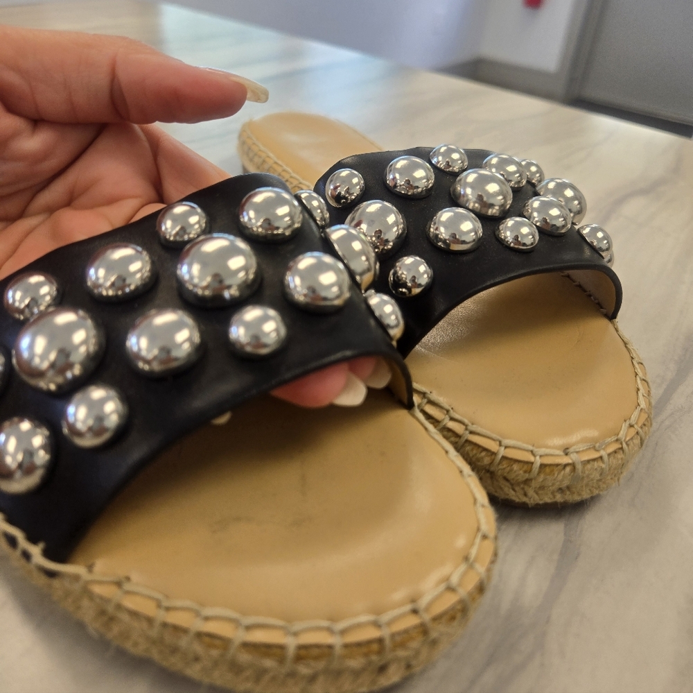 Nine West Black Espadrille Slides with Silver Studs
